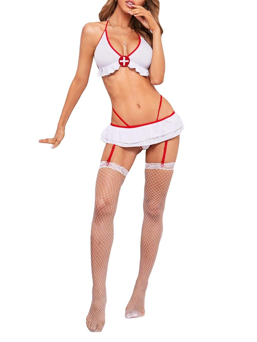 9144 Sexy Nurse Costume Cosplay Halter Lingerie Set with Garter